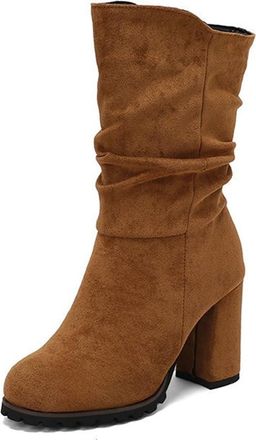 Generic Womens Chunky Platform Round Toe Mid Calf Boots Slouchy Wide Calf Pleated Slip On Fashion Warm Winter Shoes (7.5,Brown)