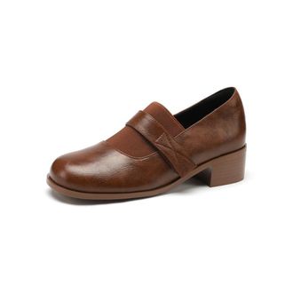 TinaCus Womens Genuine Leather Handmade Cute Round Toe Slip On Low Chunky Heel Pumps Shoes, Brown, 7 UK