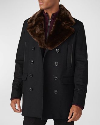 Karl Lagerfeld Men & apos;s Wool Peacoat w/ Faux Fur Collar