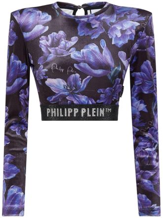 Philipp Plein logo-embellished floral-print top - women - Polyester - L - Black