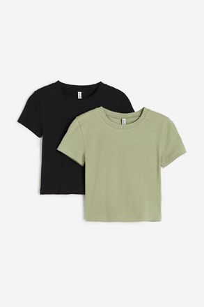 H&M 2er-Pack Cropped T-Shirts - Green