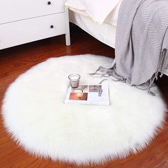 OEM Alfombra Redonda, De Piel Sint&eacute;tica, Blanca, 60 Cm, Suave, Para Sal&oacute;n O Dormitorio