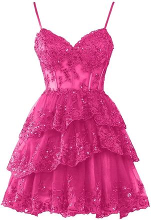 Generic Sparkly Lace Tulle Tiered Homecoming Dress for Teens Short Spaghetti Straps Corset Formal Party Gown Women Prom Mini Dress Fuchsia 6