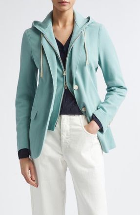 Eleventy Laser Cut Cotton Blend Knit Jacket with Hooded Zip Inset in 175 Jade at Nordstrom, Size 10 Us