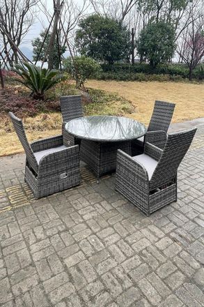 Fimous Outdoor Wicker Rattan Reclining Chair & Table Dining Sets 4 Seater Round Table in Dark Grey