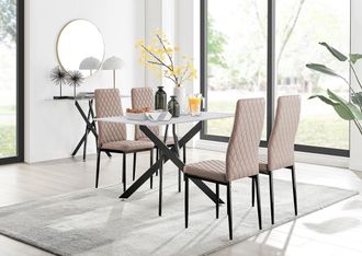 Furniturebox Leonardo White Glass Marble Effect Black Leg Table & 4 Milan Black Leg Chairs in Beige