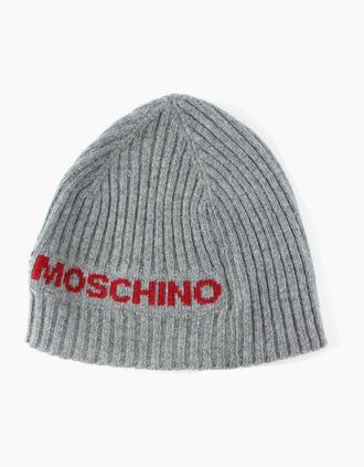 Love Moschino Mens Love Moschino Logo Print Ribbed Knitted Beanie Grey - Size: M