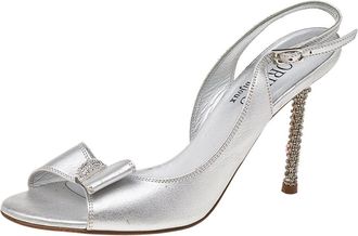 Loriblu Metallic Silver Leather Crystal Embellished Ankle Strap Sandals