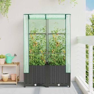 Berkfield Home Raised Bed with Greenhouse Cover Rattan Look 80x40x138 cm in Black | Size: 80 x 40 x 138 cm