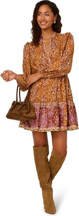 Adrianna Papell Womens Printed Short Dress - Brown - Size 14 UK