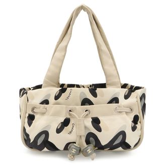 Chanel Black Gray Ivory Canvas Shoulder Bag Tote Bag (Pre-Owned)