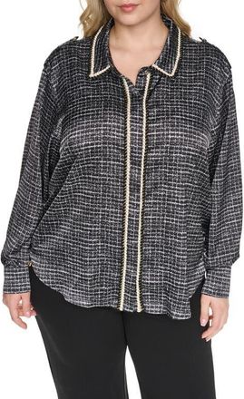 Karl Lagerfeld Tweed Print Button-Up Shirt in Black/soft White Multi at Nordstrom, Size 2X