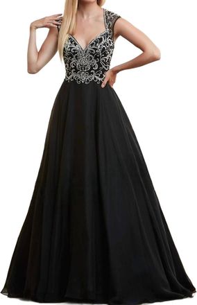 Mac Duggal Cap Sleeves Beaded Ball Gown In Black