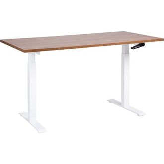 Beliani Beliani - Escritorio De Altura Regulable Manualmente Oficina Moderna Patas Cuadradas 160 X 72 Cm Tablero Madera Oscura Soporte De Acero Blanco Destine