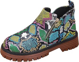 Generic Womens Snake Print Combat Boots, Multicolored Platform Ankle Boots with Side Zipper, Round Toe Winter Fashion Boots, Chunky Brown Sole