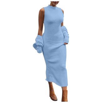 Generic Womens 2 Piece Outfits Bodycon Maxi Tank Pullover Sweater Dress Long Sleeve Cropped Cardigan Knit Sets Solid Color Elegant Chunky Knit Jumper Dress fo