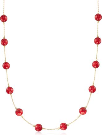 Ross-Simons 8mm Red Coral Bead Station Necklace in 14kt Yellow Gold