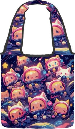 Generic Colorful Cartoon Kitten Reversible Canvas Shoulder Tote - Double-Sided Print, 12oz Cotton, 27cm Drop, Fold-Flat Bag for Travel, Shopping, Street Outin