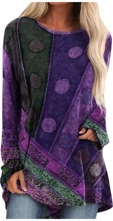 Generic Long Sleeve T Shirts Women, Womens Jumpers Blouses for Women UK Party Tops Ladies Ethnic Style Printed Loose Long-Sleeved Large Size T-Shirt Sweater L