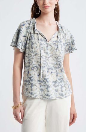 Treasure & Bond Shirred Botanical Print Linen Blend Top in Ivory- Blue B Daisy Tapestry at Nordstrom, Size Large