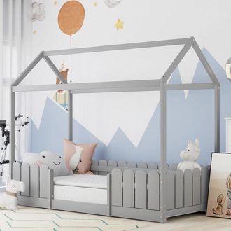 Merax Letto per Bambini a Forma di Casetta con Barriera Anticaduta 200x90 cm Lettino in Legno di Pino con Sponde / Sbarre di Sicurezza - Grigio