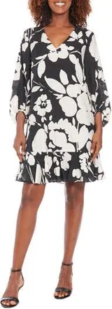 London Times Floral V-Neck Three-Quarter Sleeve Shift Dress in Black/Ivory at Nordstrom Rack, Size X-Large