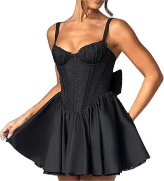 Generic Women Elegant Spaghetti Strape Sleeveless Puffy Dress Swing Backless Ruffled Layer Short Dress Cocktail Party Dresses (A1-Black, L)