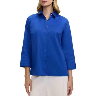 Foxcroft Beatrice Matte Satin Side Button Shirt in Deep Sea Blue at Nordstrom, Size X-Small