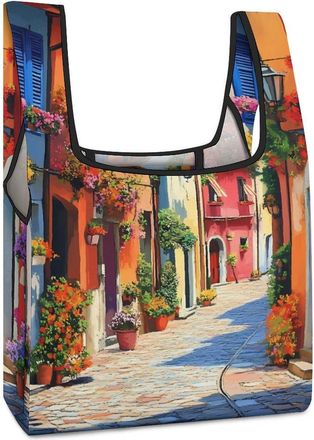Generic Italian Houses And Flowers Shopping Bag Reusable Grocery Tote Bag Foldable Handbag for Travel Picnic