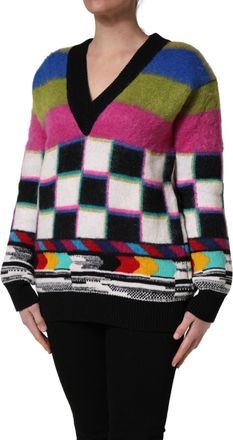 Dolce & Gabbana Womens Multicolor Striped & Checkered Sweater Nylon Mohair Wool