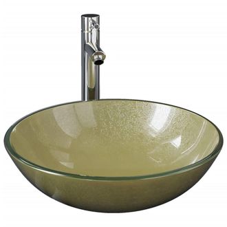 Berkfield Home Bathroom Sink with Tap & Push Drain Gold Tempered Glass