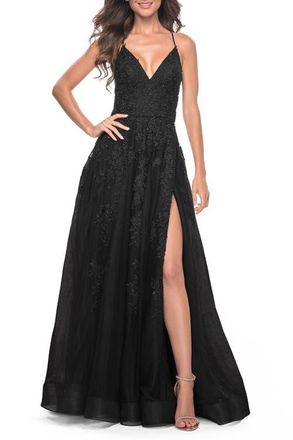 La Femme Tulle Prom Dress with Floral Detail and Side Slit in Black at Nordstrom, Size 10