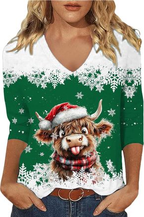 Generic Highland Cow Gifts Christmas Shirts for Women 3/4 Length Sleeve Christmas Jumper 2025 Highland Cow Shirts Funny Xmas Highland Cow Graphic Tshirts Blou