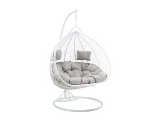 Vente-Unique Sill&oacute;n colgante de 2 plazas de resina trenzada - Blanco con cojines grises - CAYAMBE