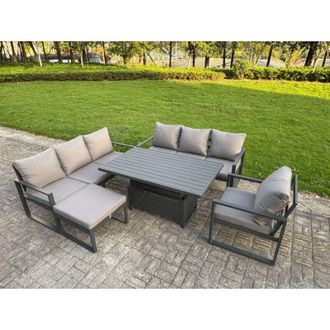 Fimous Fimous Aluminium Garden Furniture Sets,8 Seater Outdoor Sofa Dining Set with Adjustable Rising Lifting Dining Table Big Footstool for Yard,Poolside