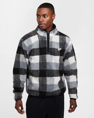 Nike Club Sweatshirt Mens Black White Plaid Fleece Winterized 1/2 Zip DSGL343