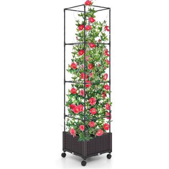 Costway Costway - Maceta Elevada de Jardín con Enrejado, Sistema de Riego Automático, Altura Ajustable, Jaula de Tomates con Ruedas para Plantas Trepadoras