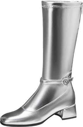 Generic Womens Mid-Calf Boots, Retro PU Leather Riding Boots with Low Block Heel And Square Toe Elegant Tall Boots for Outdoor Party & Everyday Wear,Silver,3.