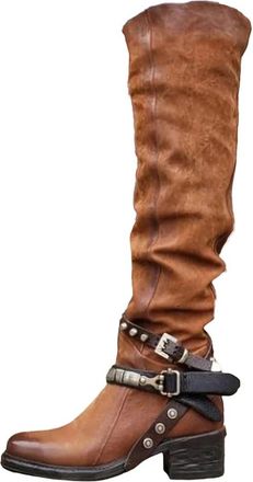 Generic Womens Winter Leather Punk Style Knee Boots Vintage Stud Zip Belt Buckle Plus Size Boots