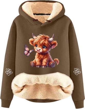 Generic Highland Cow Hooides Jumpers for Women Fleece Lined Sherpa Hoodie Cow Sweatshirt Trendy Drawstring Long Sleeve Pullover Highland Cows Gifts for Women 