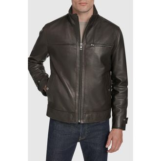 Andrew Marc Stand Collar Leather Jacket in Chocolate at Nordstrom, Size Xx-Large