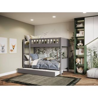 Flair Bea Wooden Bunk Bed with Trundle in Grey | Size: Single