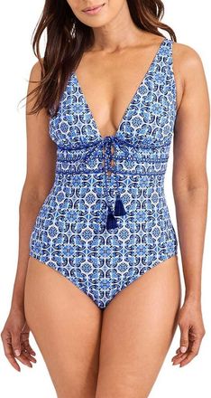Tommy Bahama Terrazzo Tile Tie Front One-Piece Swimsuit in Palace Blue at Nordstrom, Size 8