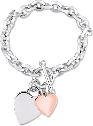 Mimi & Max Oval Link Bracelet with Double Heart Charm and Toggle Clasp in 2-tone Rose and White Sterling Silver