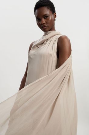 Karen Millen Womens Satin Drape Georgette Cape Detail Midi Dress - Silver Viscose - Size 10 UK