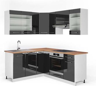Vicco Cocina Esquinera Fame-line, Antracita Brillo Intenso/blanco, 160 X 190 Cm, Et Roble