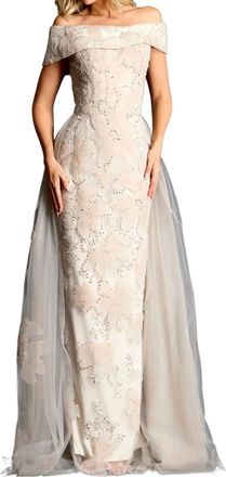 Jovani Floral Applique Evening Gown In Champagne