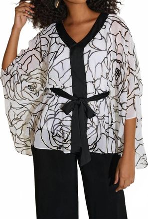 Joseph Ribkoff Floral Print V-Neck 3/4 Sleeves Poncho Top In Vanilla/black