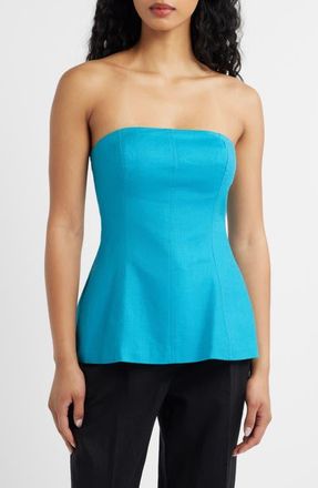 Topshop Strapless Linen Blend Peplum Top in Turquoise at Nordstrom, Size 12