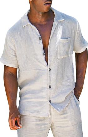 Generic Suit Size 68 2-Piece Mens Linen Set with Short Sleeves, Turn-down Collar, Shirts with Pocket and Shorts, Summer Beach Trousers, Pure Color Set, Brown 